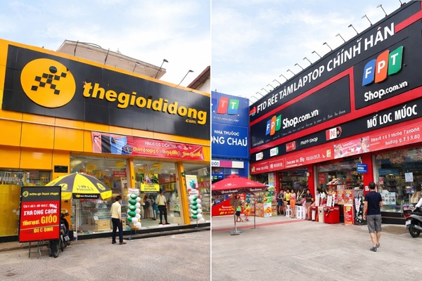 Cửa hàng Thế Giới Di Động và FPT Shop minh họa hoạt động bán lẻ công nghệ