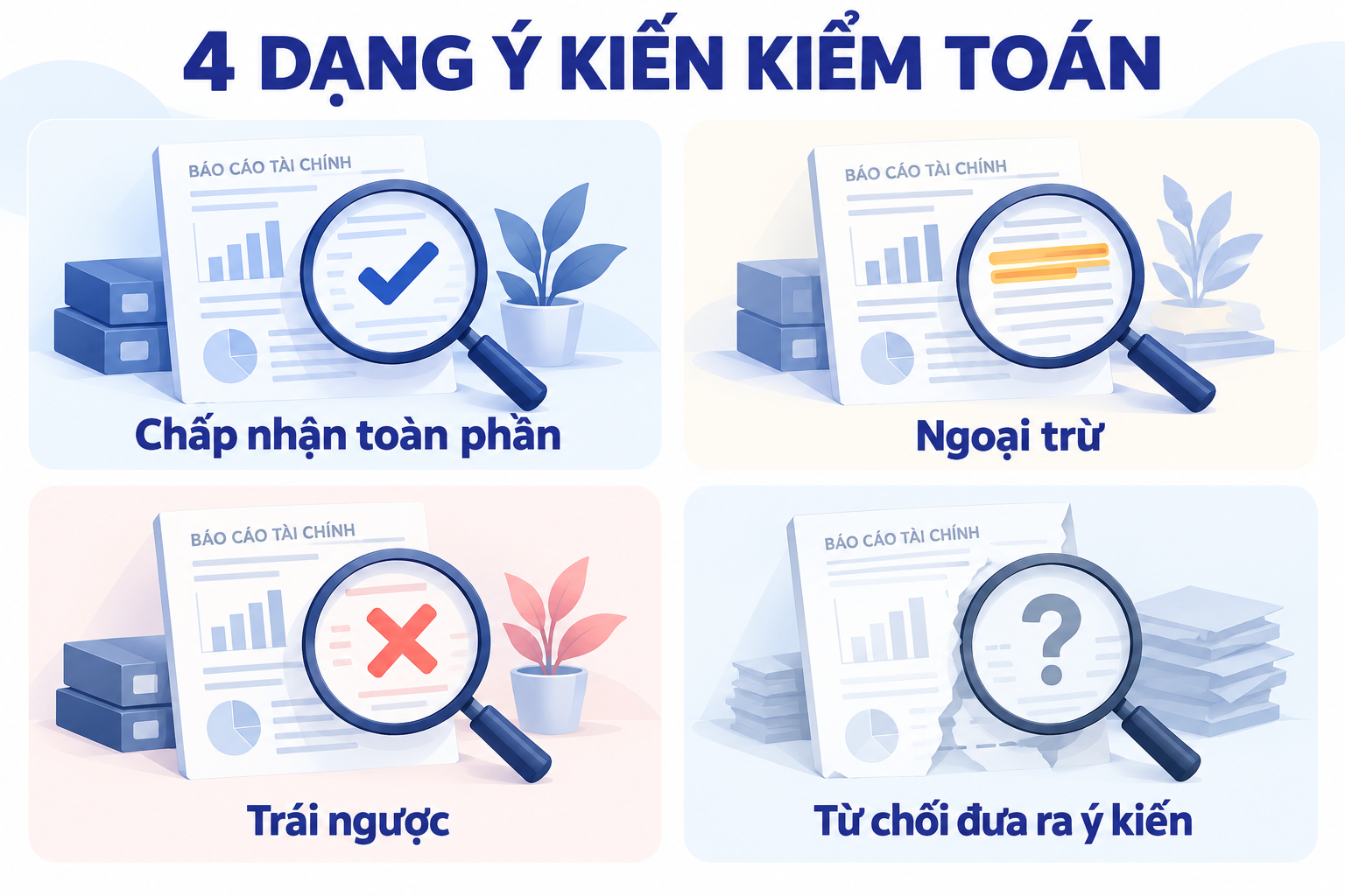 Bốn dạng ý kiến kiểm toán: chấp nhận toàn phần, ngoại trừ, trái ngược và từ chối đưa ra ý kiến