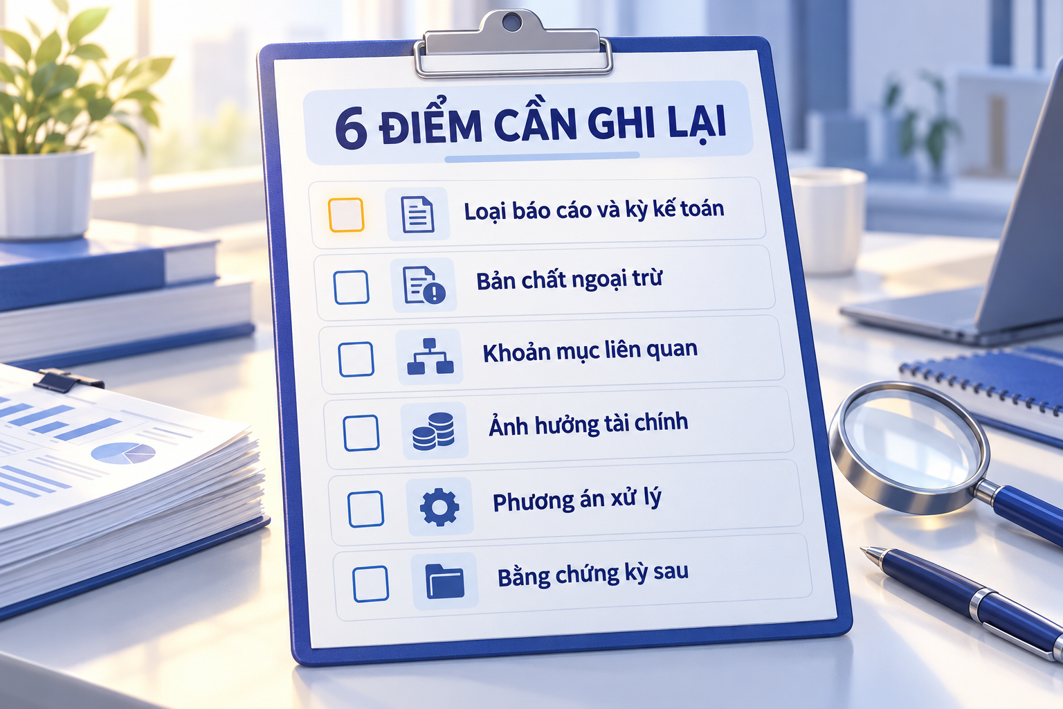 Sáu thông tin cần ghi lại khi đọc ý kiến kiểm toán ngoại trừ trên báo cáo tài chính.
